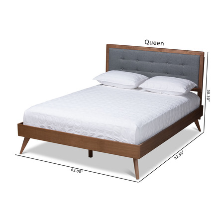 Baxton Studio Ines Dark Grey Upholstered Walnut Finished Queen Size Platform Bed 156-9408-9432